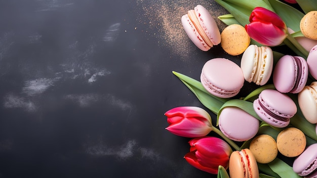 Pink tulips spring flowers witn macaroons on dark marble background mothers day sweet