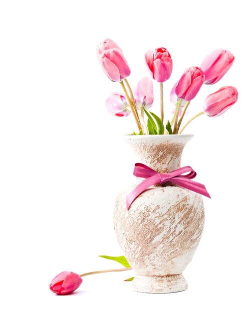 Pink tulips in vase with bow isolated on white