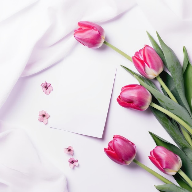 Pink tulips on a white background with a card and pink flowers