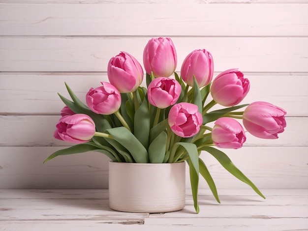 Розовые тюльпаны на белом деревянном текстурированном фоне