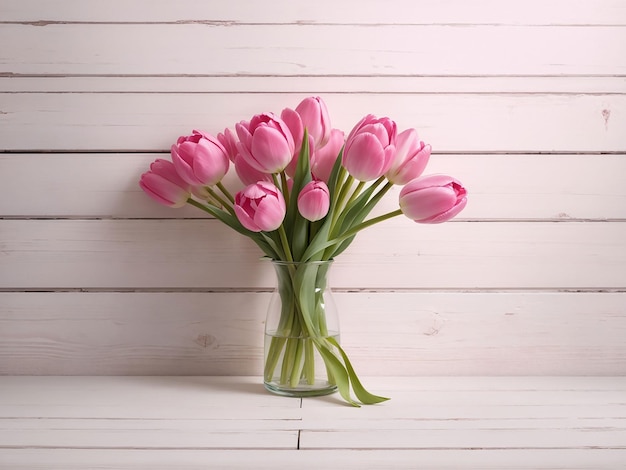 Розовые тюльпаны на белом деревянном текстурированном фоне