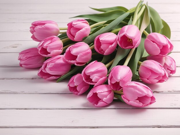 Pink tulips on white wooden textured backdrop