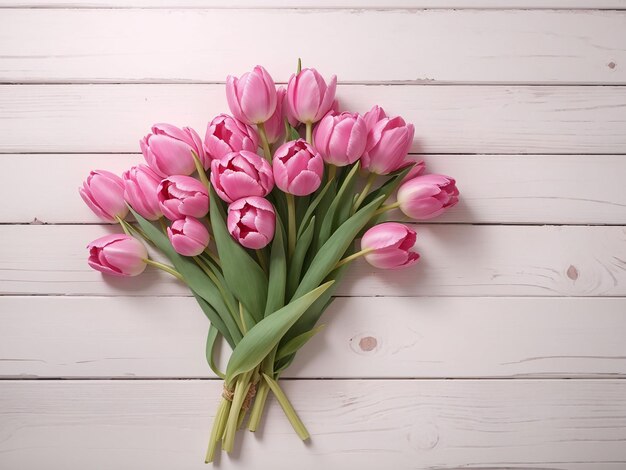 Pink tulips on white wooden textured backdrop