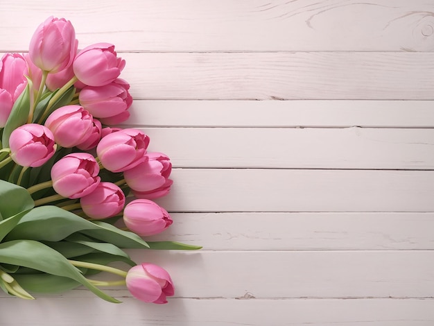 Pink tulips on white wooden textured backdrop