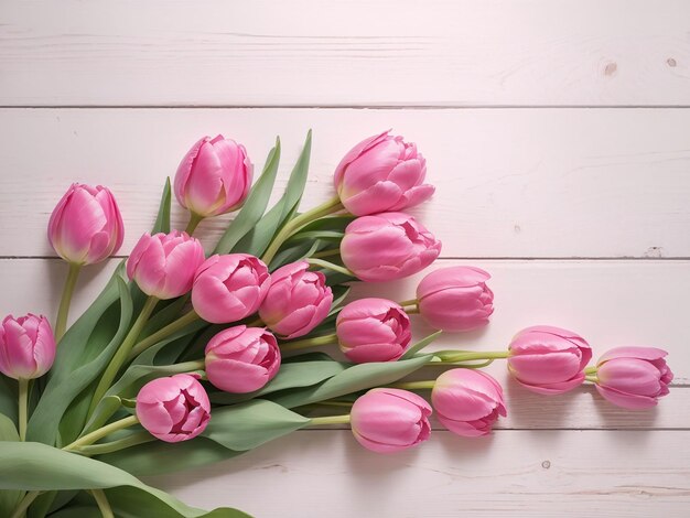 Pink tulips on white wooden textured backdrop