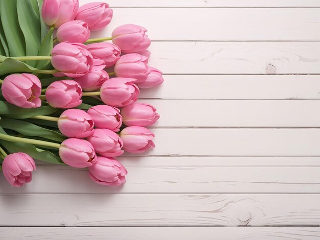 Pink tulips on white wooden textured backdrop