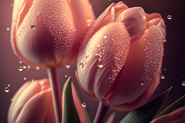 Розовые тюльпаны с капельками росы Generative AI