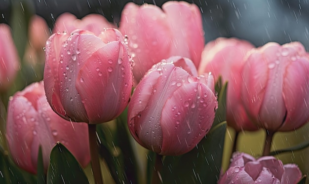 Pink tulips with drops water wallpaper Beautiful flower background For banner postcard book illustration Created with generative AI tools