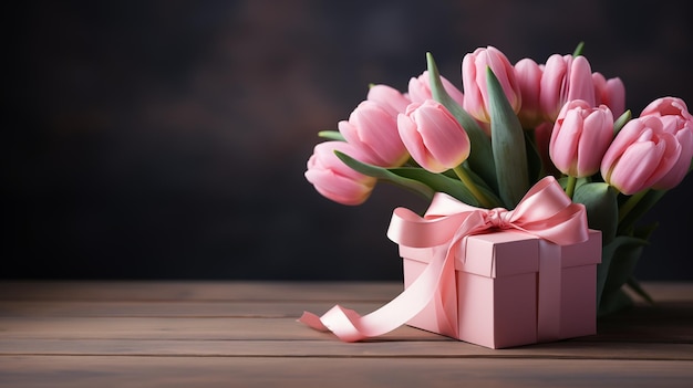 Pink tulips with gift Mothers Day Valentines Day Birthday