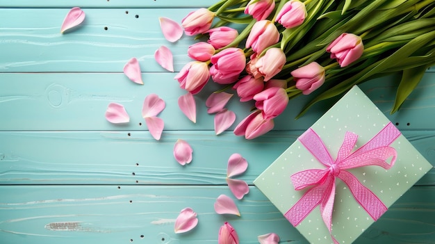 Розовые тюльпаны с подарком и лентой Счастливого Дня матери