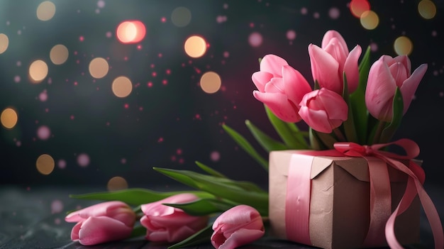 Pink Tulips with Gift and Ribbon Happy Mothers Day