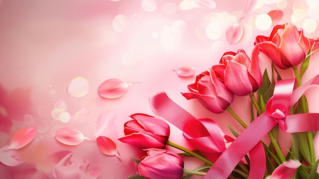 Pink Tulips with Satin Ribbon for Mothers Day