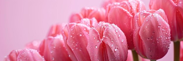 Pink tulips with water drops on petals closeup