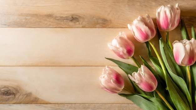 Foto tulipi rosa su un tavolo di legno vista dall'alto