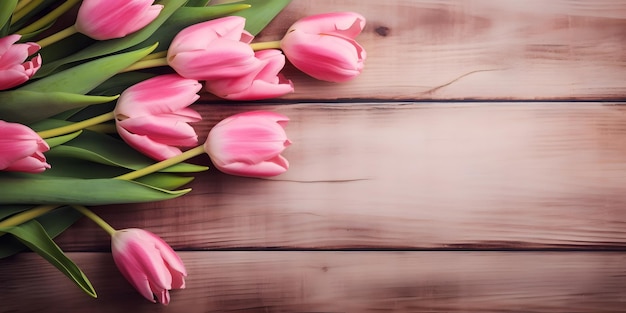 Pink tulips on a wooden table