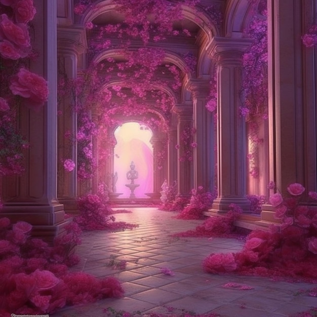 A pink tunnel with a statue in the middle.