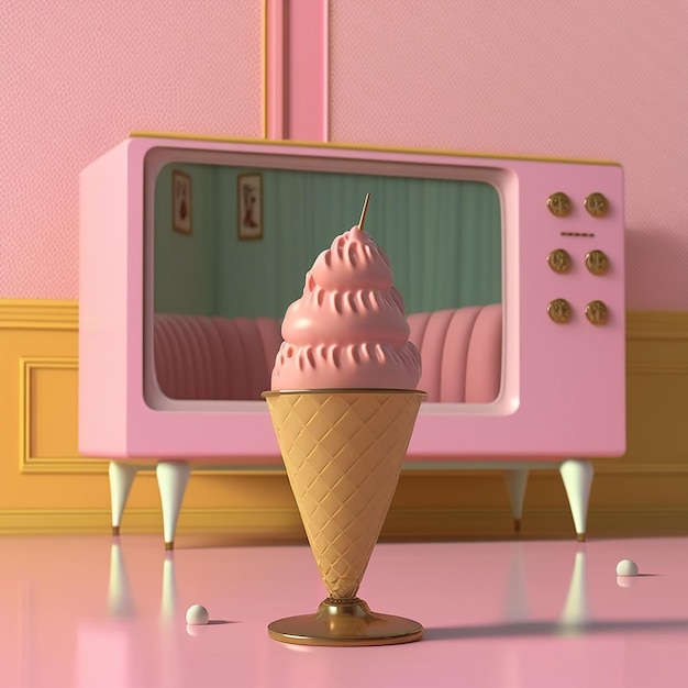 A pink tv is in front of a pink tv that says " ice cream ".