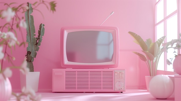 Розовый телевизор на столе с растением в горшке