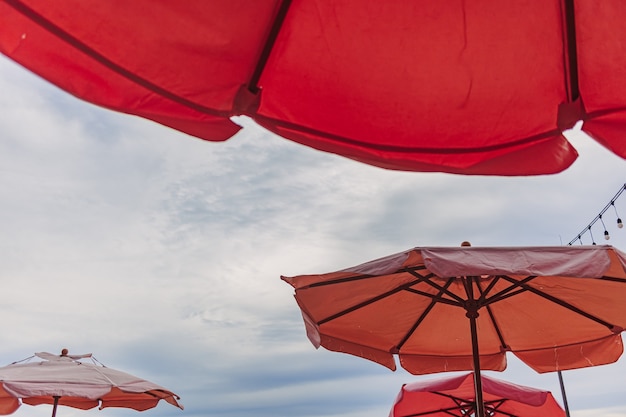 Pink umbrella beach cafe in summer