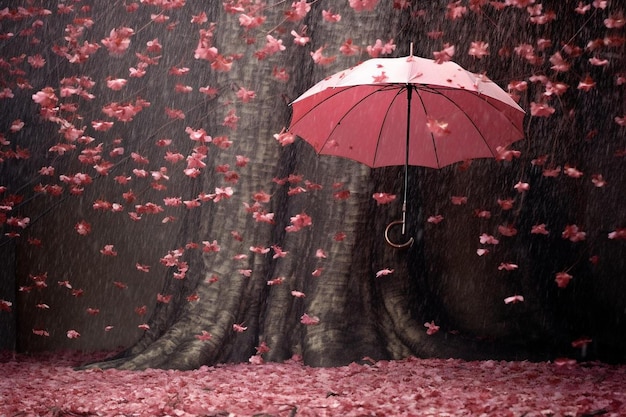 ピンクの傘が開いておりピンクの花が背景にあります