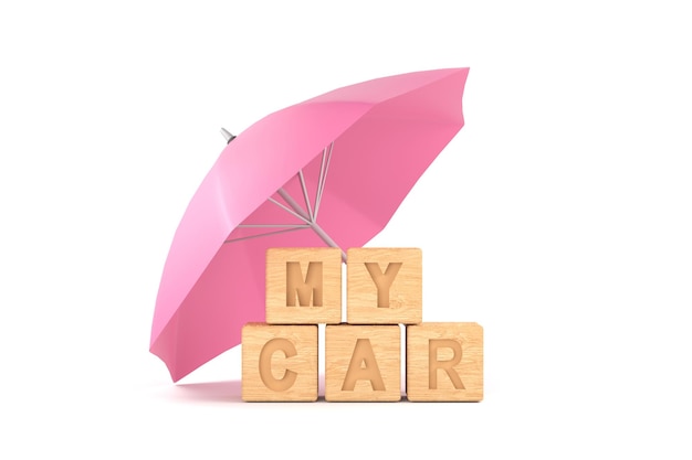 Pink umbrella protecting car for car insurance concept