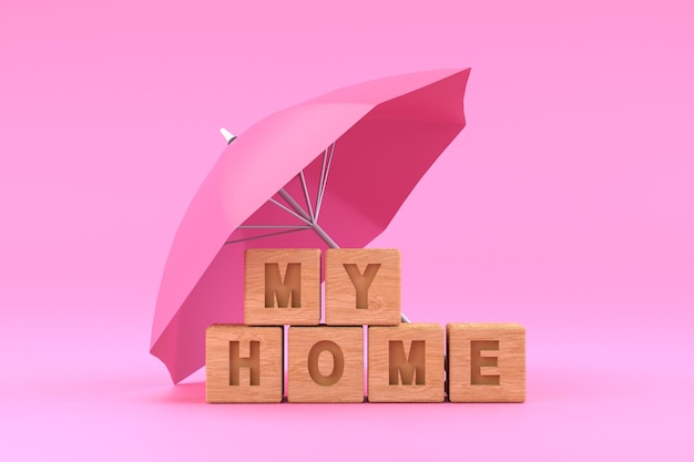 Pink umbrella protecting home for house insurance concept