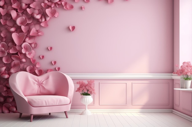 Foto interno a tema valentino rosa con decorazioni a cuore e poltrona