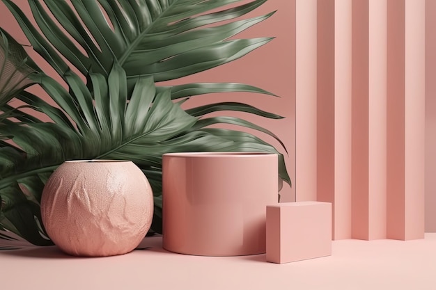 Pink vase and plant on a matching background created with Generative AI technology