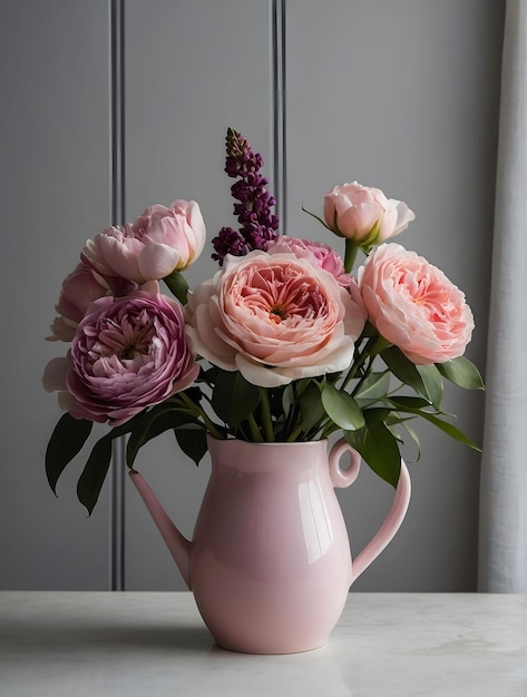 ピンク色の花瓶に花束が入っている