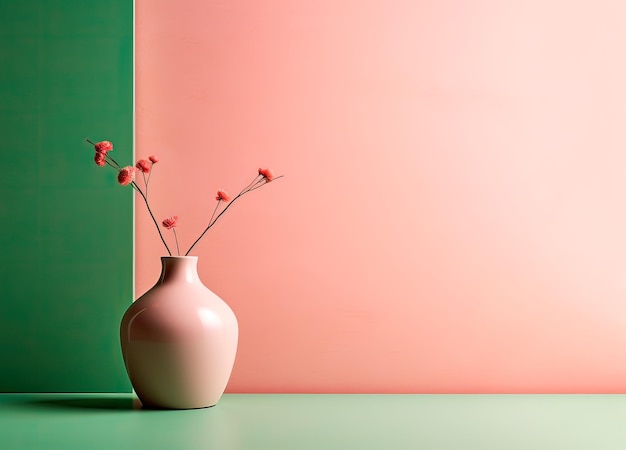 Pink vase with flowers on a green table Place for text Minimalism style