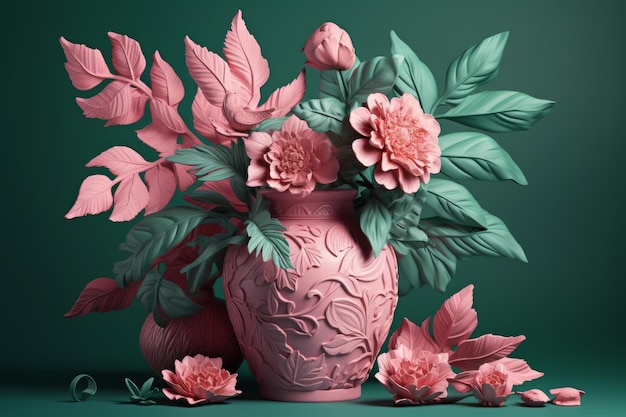 A pink vase with flowers on it and a green background.
