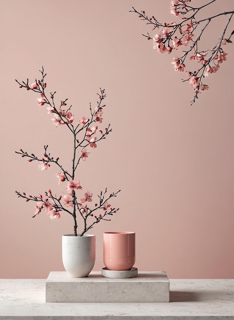 大理石のテーブルの上に花がついたピンクの花瓶