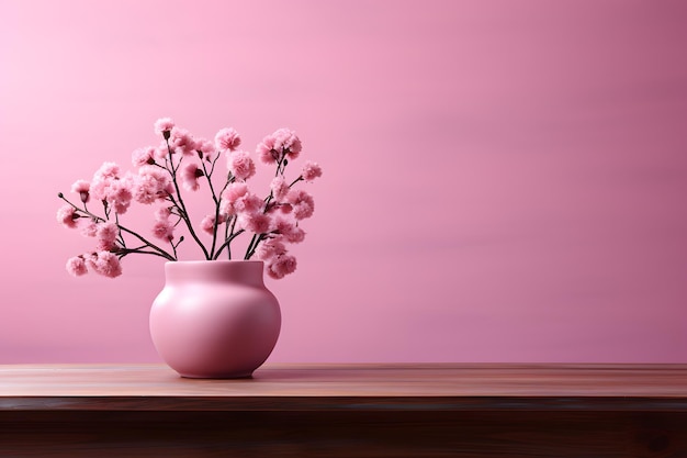 a pink vase with flowers on a table and a pink background.