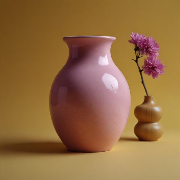 a pink vase with a purple flower next to it and a small vase with a purple flower in it