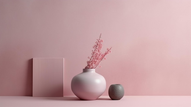 ピンクの花瓶の隣に小さな灰色のボールが置かれています。