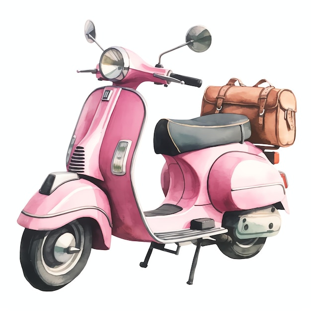 Розовый скутер vespa, простой жизненный аксессуар для весеннего или летнего дня в нейтрально-зеленых ботанических листьях