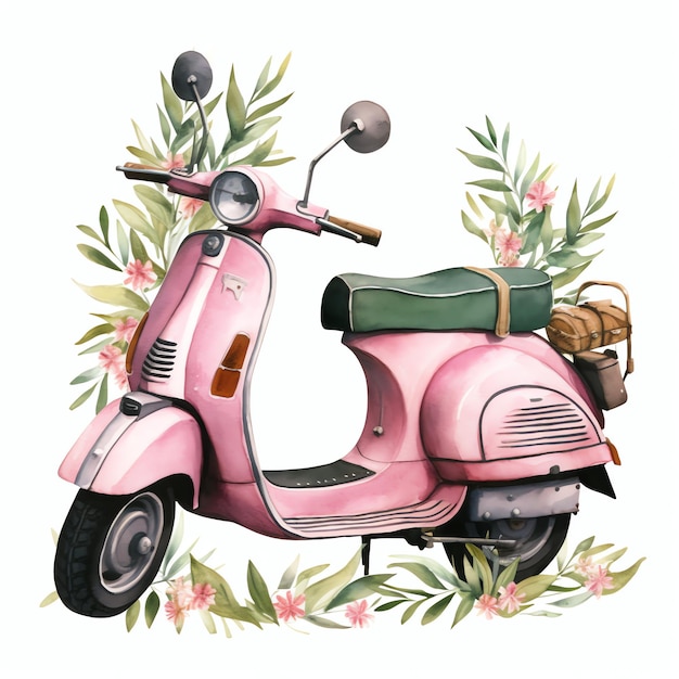 pink vespa scooter simple life accessory for spring or summer day in neutral green botanical leaves