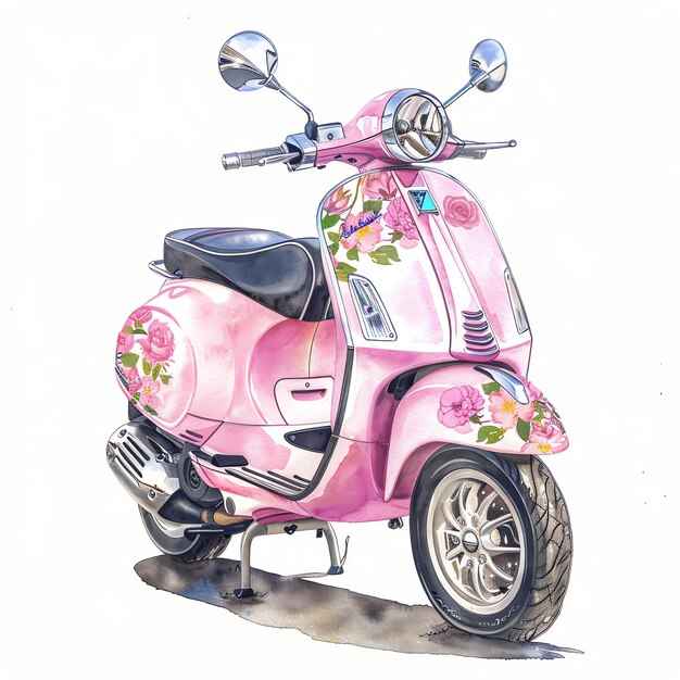 Foto scooter vespa rosa acquerello ragazza rosa in viaggio