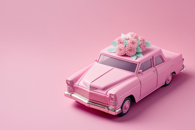 Pink vintage automobile on pink backdrop with present box and flowers on the roof