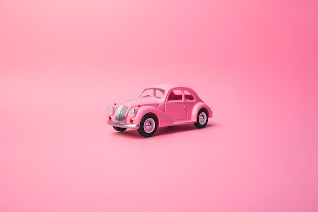 Pink vintage car on pink background minimal concept