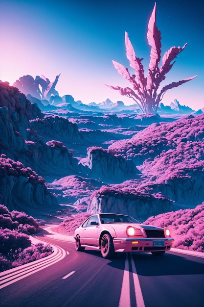 Pink vintage car in a pink landscape