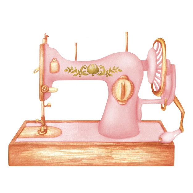 핑크색 빈티지 바느질 기계 (Atelier Clipart Needlecraft Fashion) 손으로 그린 수채화