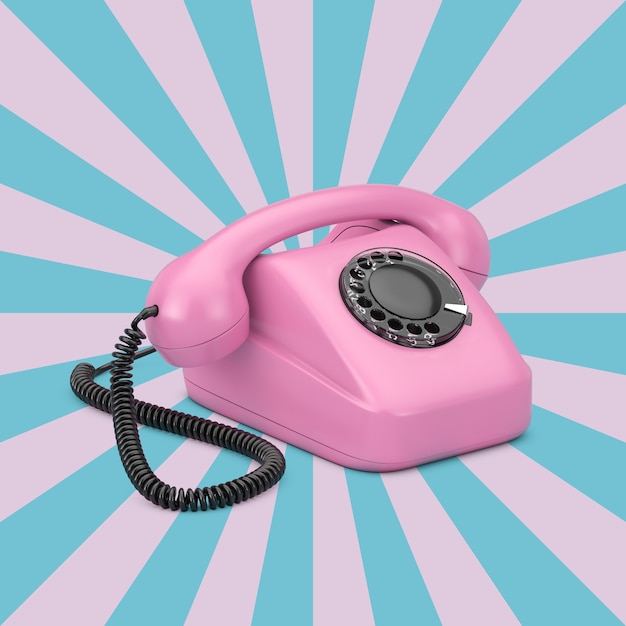 pink vintage styled rotary phone on a vintage star shape pink and blue background. 3d rendering