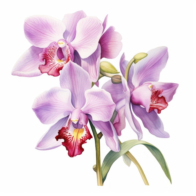 Pink violet purple watercolour orchid phalaenopsis flower illustration on white backdrop