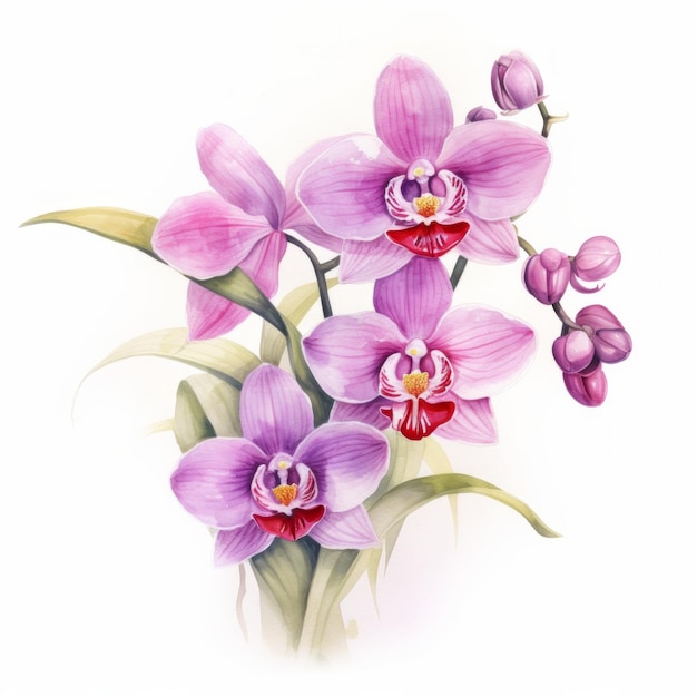 Pink violet purple watercolour orchid phalaenopsis flower illustration on white background