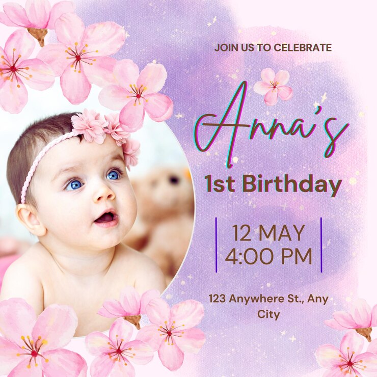 Photo pink violet watercolor floral first baby girl birthday invitation 1