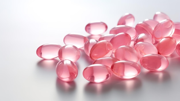 Pink vitamins capsules on a white background Generative AI