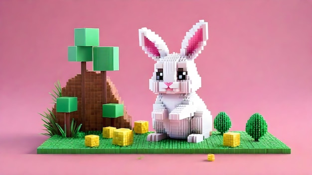 Розовое воксельное изображение кролика в диких животных, сделанное из 3D-кубиков.
