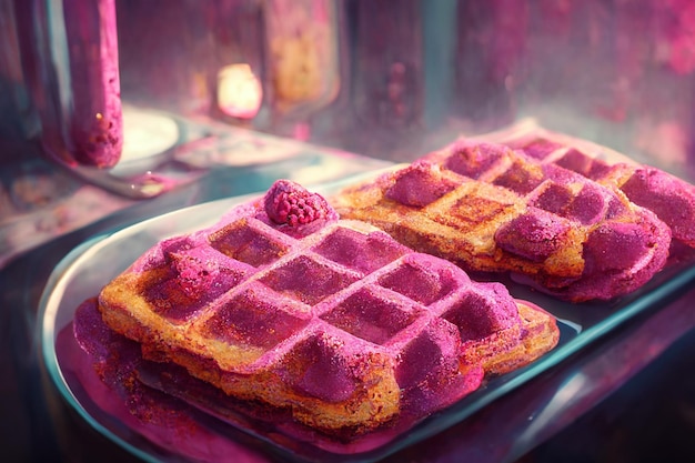 Photo a pink waffle with a raspberry on it