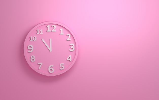 Pink wall clock with white numbers on the background of pink wall. 